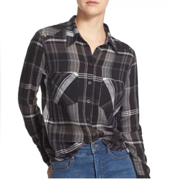 Free People Black Grey Blue Plaid Wesley Button Up Short Small Long Sleeve Linen - Picture 1 of 15